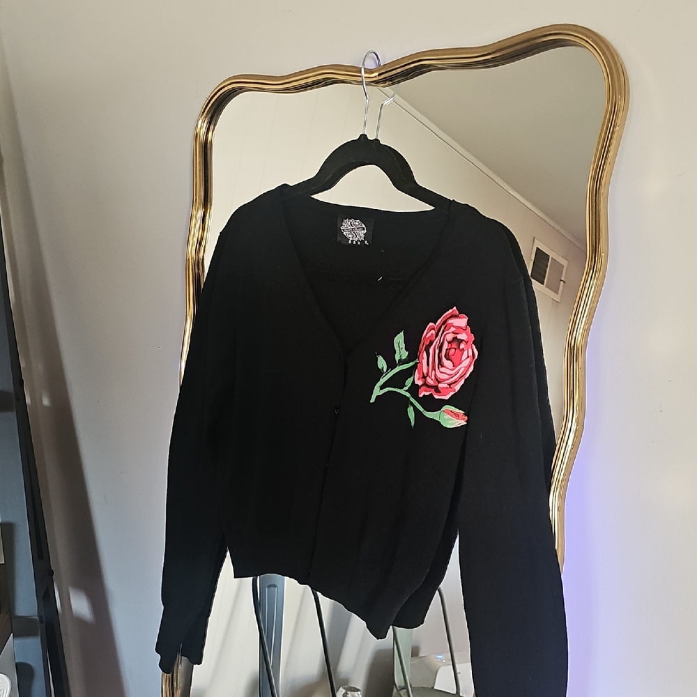 Pinup Style Black Sweater with Pink Rose Embroidery
